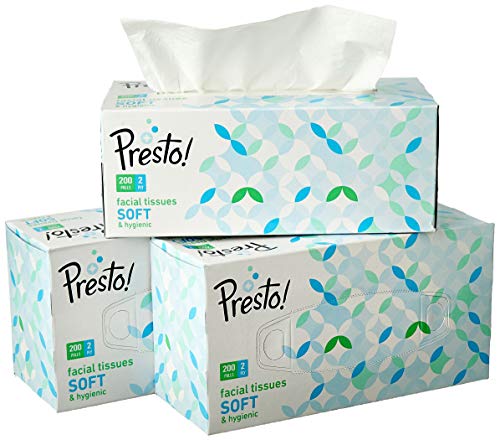 Amazon Brand – Presto! 2 Ply Facial Tissue Carton Box 600 pulls | 200 pulls X 3 Rolls | soft and highly absorbent | 100% Natural Virgin Cellulose Fiber