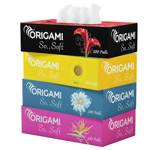 Origami 2 Ply Facial Tissue Box | Car Tissue – Pack of 4 (100 Pulls Per Box, 400 Sheets (800 sheets)