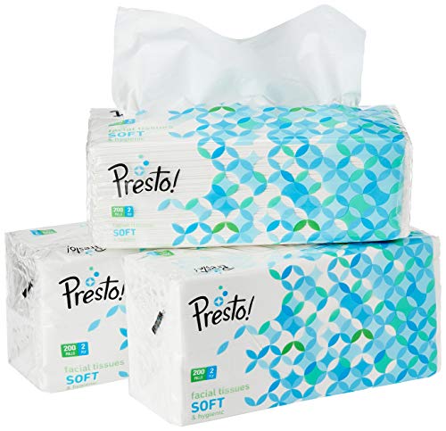 Amazon Brand – Presto! 2 Ply Facial Tissue Soft Poly Pack 600 pulls | 200 pulls X 3 Rolls | soft and highly absorbent | 100% Natural Virgin Cellulose Fiber