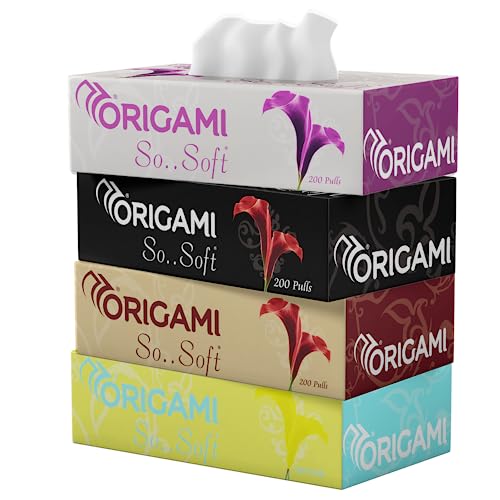 Origami 2 Ply Facial Tissue Box | Car Tissue – Pack of 4 (200 Pulls Per Box, 800 Sheets)