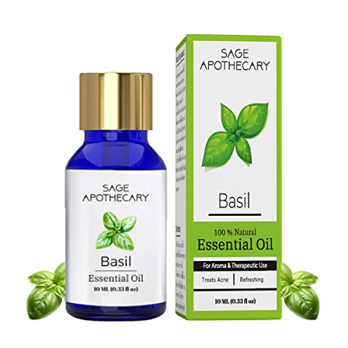 Sage Apothecary 100% Natural Basil Essential Oil for Hair- 10 ML for Undiluted Therapeutic Grade for Mosquito Repellent, Aromatherapy, Relaxation