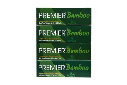 Premier Bamboo Super Soft 2-ply Car Tissue Box| Facial Tissue-100 pulls x 4 Packs (400 Pulls) | 100% Natural & Ecofriendly