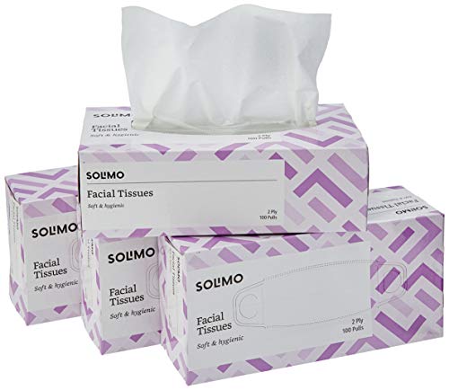 Amazon Brand – Solimo 2 Ply Facial Tissues Carton Box Roll 400 pulls | 100 pulls X 4 Rolls | soft and highly absorbent | 100% Natural Virgin Cellulose Fiber