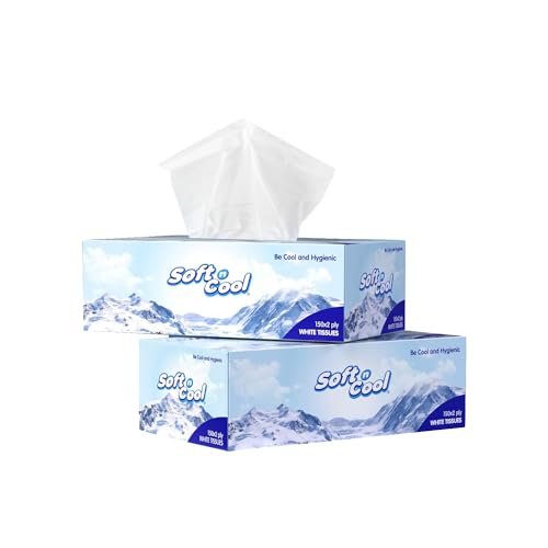 Soft N Cool 2 Ply Facial Tissue Box | 100% pure, natural virgin paper – Pack of 2 (150 Pulls Per Box, 300 Sheets) | Ultra Soft, Absorbent Home, Office, Car, Travel Essential | Made in Dubai (U.A.E)