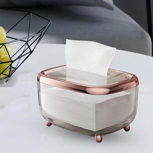 Seafrrzios Tissue Box, Durable Transparent Napkin Box with Lid, Simple Creative Storage Box, Clear Acrylic Facial Tissue Box, Paper Organizer for Office Home Restaurant Bathroom Desk (Rose Gold)