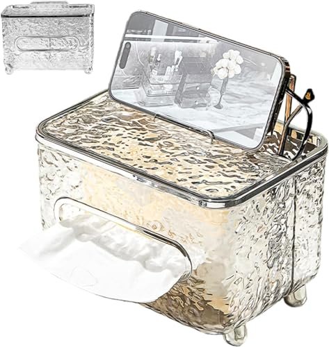 KEYOZA Rectangular Tissue Box Cover with Storage Sparkling Silver Tissue Holder with Side Organizer, Crystal Tissue Cover Cube Tissue Holder for Bathroom Living Room Table