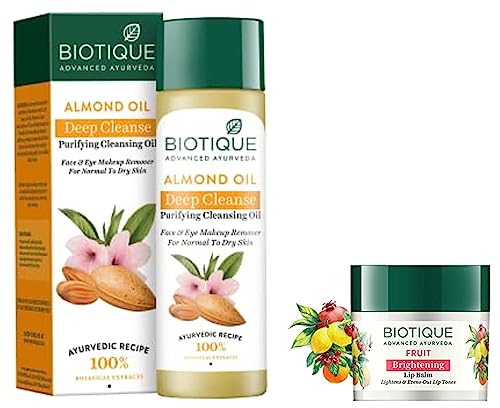 Biotique Almonmd Oil Deep Cleanse Purifying Cleansing Oil Face & Eye Makeup Remover For Normal to Dry Skin, 120ml & Biotique Bio Fruit Whitening/Brightening Lip Balm, 12g