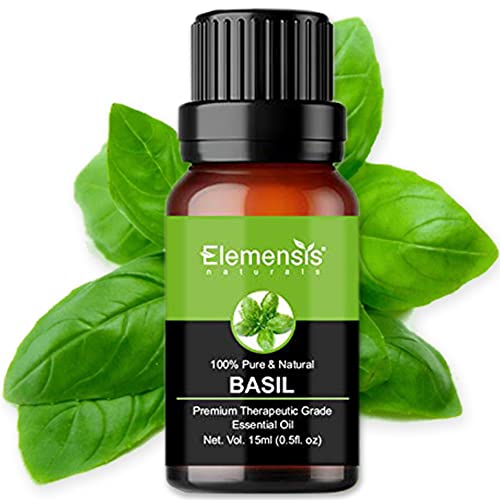 Elemensis Naturals Basil Essential Oil Pure, Natural & Undiluted Therapeutic Grade for Perfect For Cough, Colds, Clear Breathing, Pain, Mosquito Repellent, Aromatherapy, Relaxation, 15ML