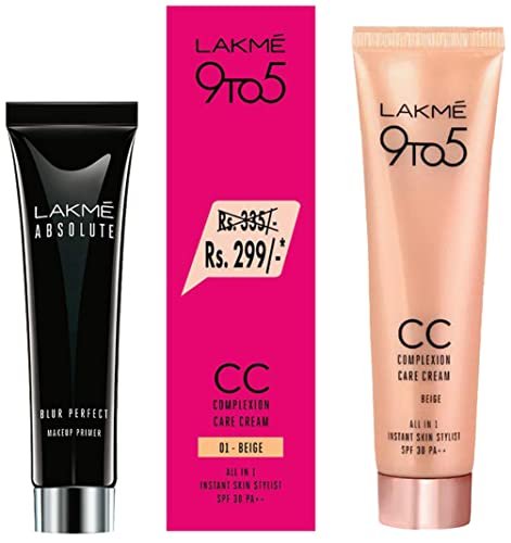 Lakme Absolute Blur Perfect Matte Face Primer, Peach, 10g & Lakme 9 To 5 Complexion Care Face CC Cream, Beige, SPF 30, Conceals Dark Spots & Blemishes, 30 g