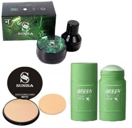 SUNISA 1 Bb And Cc Cream Full Coverage Natural Foundation For All Skin Type With Mushroom Head Air Cushion 20G And 1 Studio Fix Compact Powder With 1 Green Tea Stick Mask – (Pack Of 4)